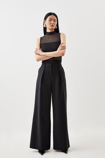 Tailored Cotton Sateen Wide Leg Trousers black