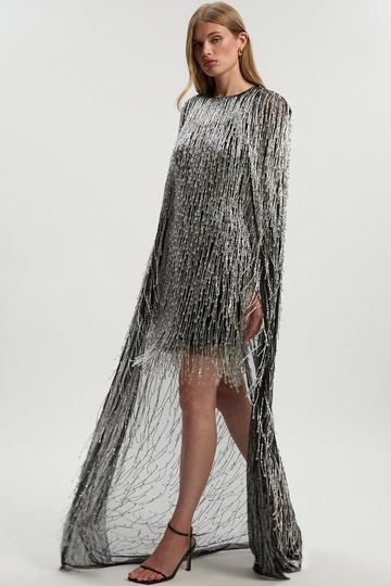 Black Embellished Fringe Caped Woven Mini Dress