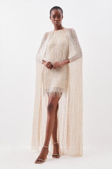 Silver Embellished Fringe Caped Woven Mini Dress