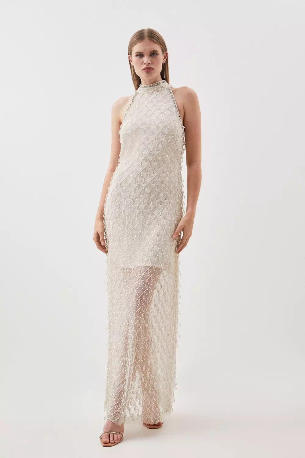 ★Karen Millen★ エナメルチェーンディテールマキシドレス Petite Metallic Embellished And Beaded Halter Maxi Dress
