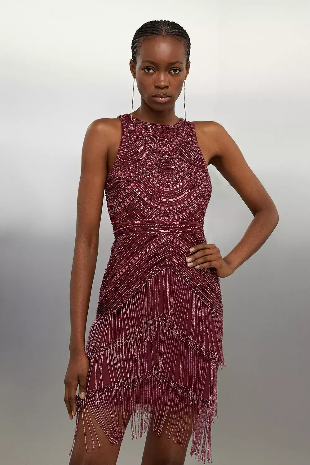 Halter Neck Beaded And Embellished Woven Fringed Mini Dress
