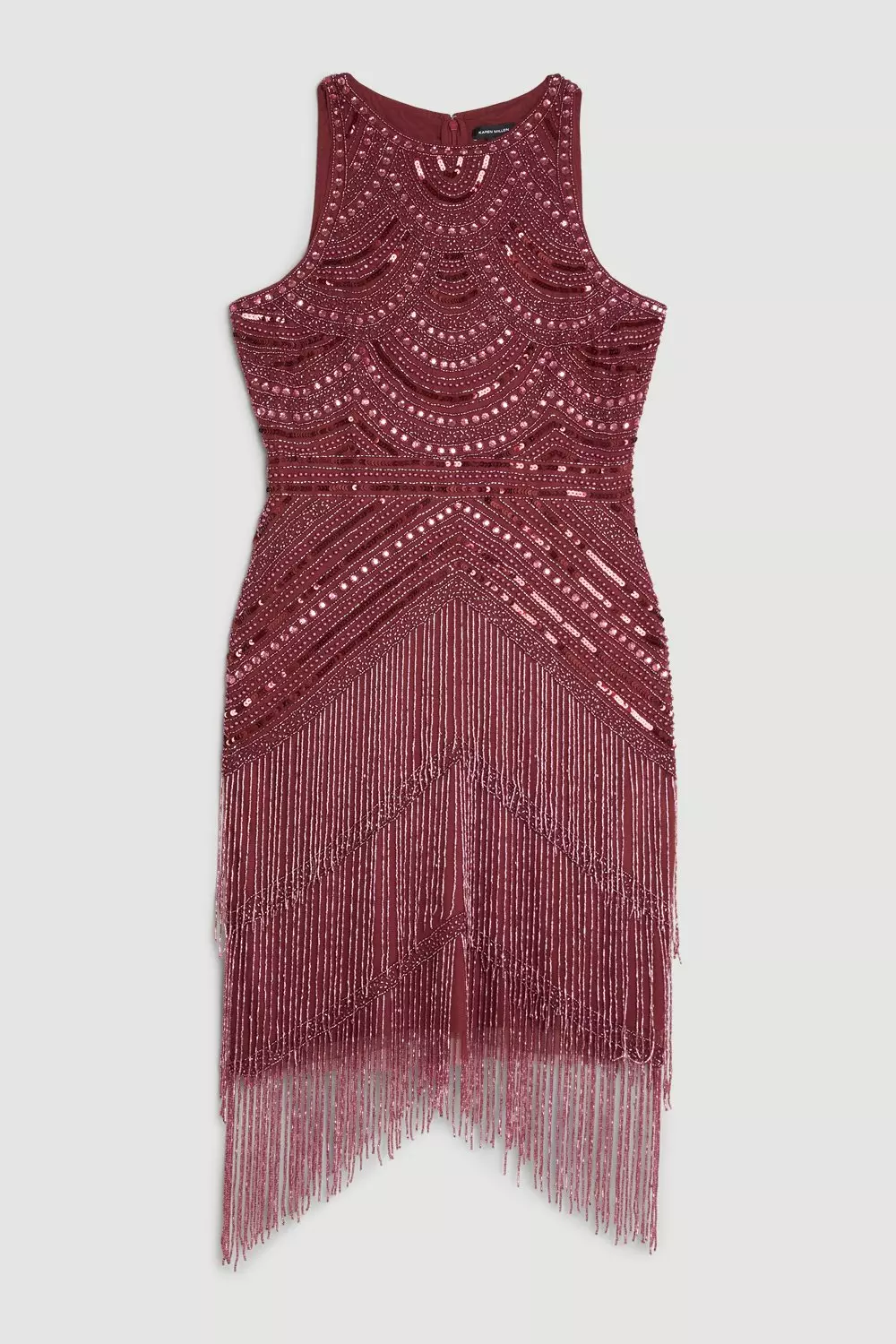 Halter Neck Beaded And Embellished Woven Fringed Mini Dress