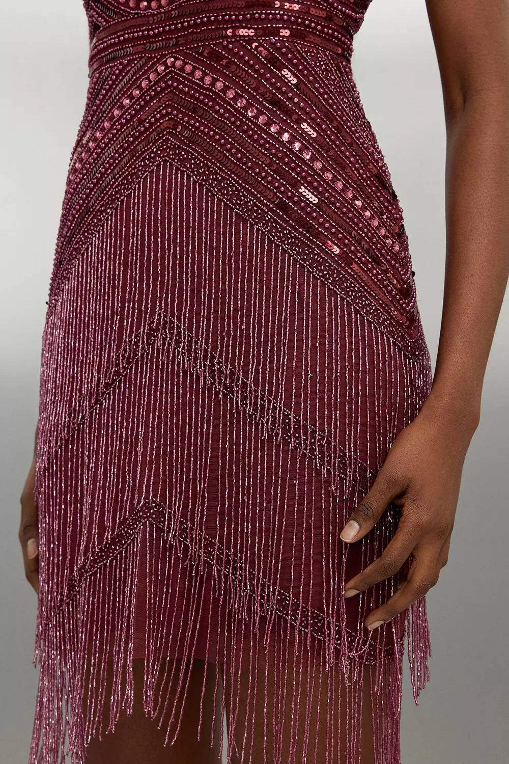 Halter Neck Beaded And Embellished Woven Fringed Mini Dress | Karen Millen