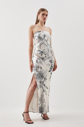 Multi Floral Strapless Premium Satin Panelled Woven Midaxi Dress
