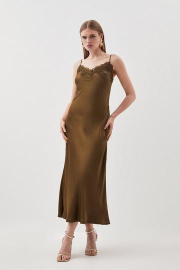 Satin Lace Woven Midaxi Dress khaki