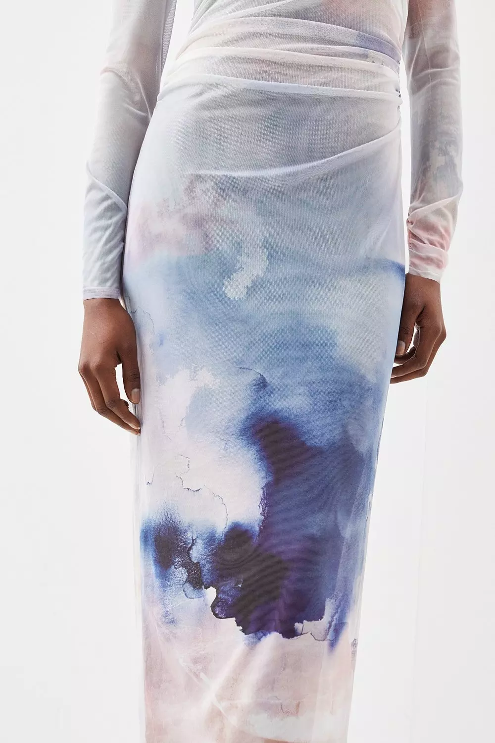 Cloud Printed Mesh Ruched Midaxi Dress | Karen Millen