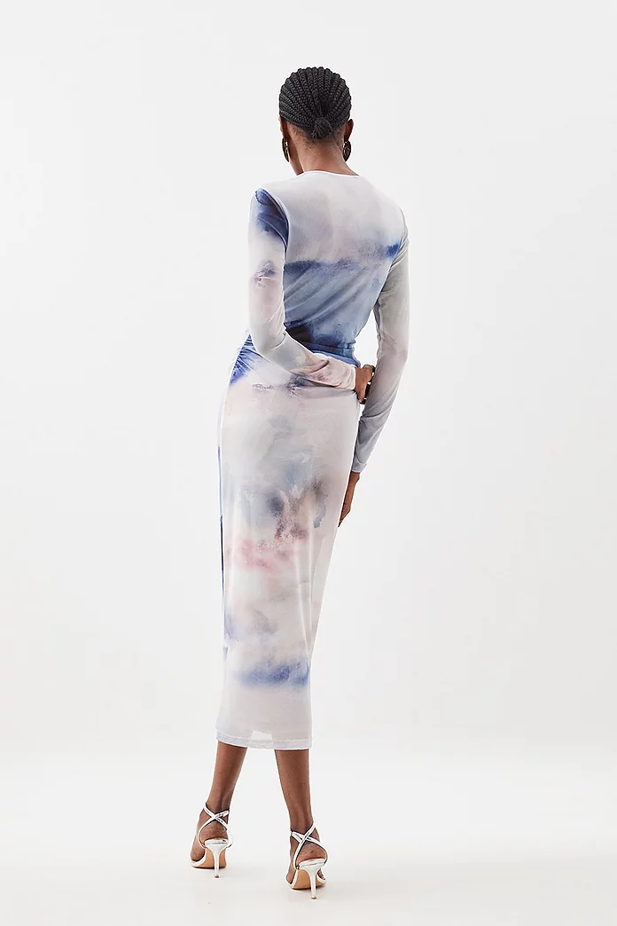 Cloud Printed Mesh Ruched Midaxi Dress | Karen Millen Cloud Printed Mesh Ruched Midaxi Dress | Karen Millen