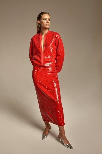 Red Sequin Woven Midi Skirt