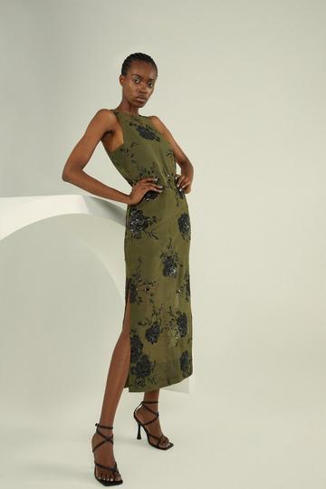 Floral Sequinned Organza Woven Midi Dress khaki