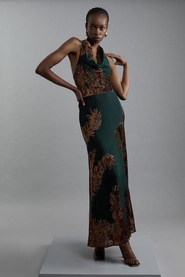 Feather Devore Halter Neck Woven Maxi Dress forest