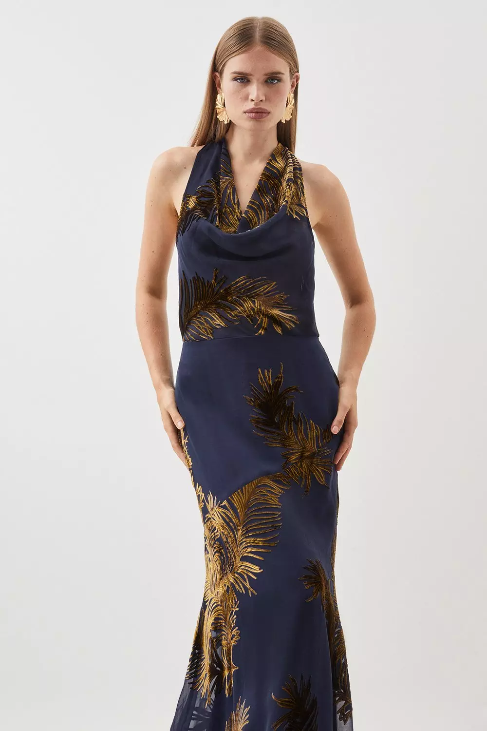 Feather Devore Halter Neck Woven Midi Dress Karen Millen