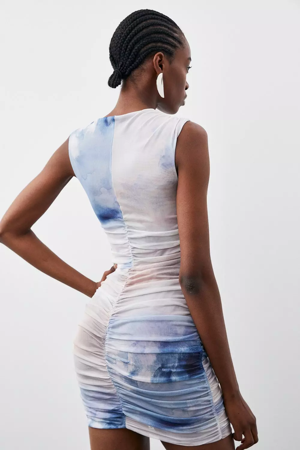 Cloud Printed Mesh Ruched Sleeveless Mini Dress | Karen Millen