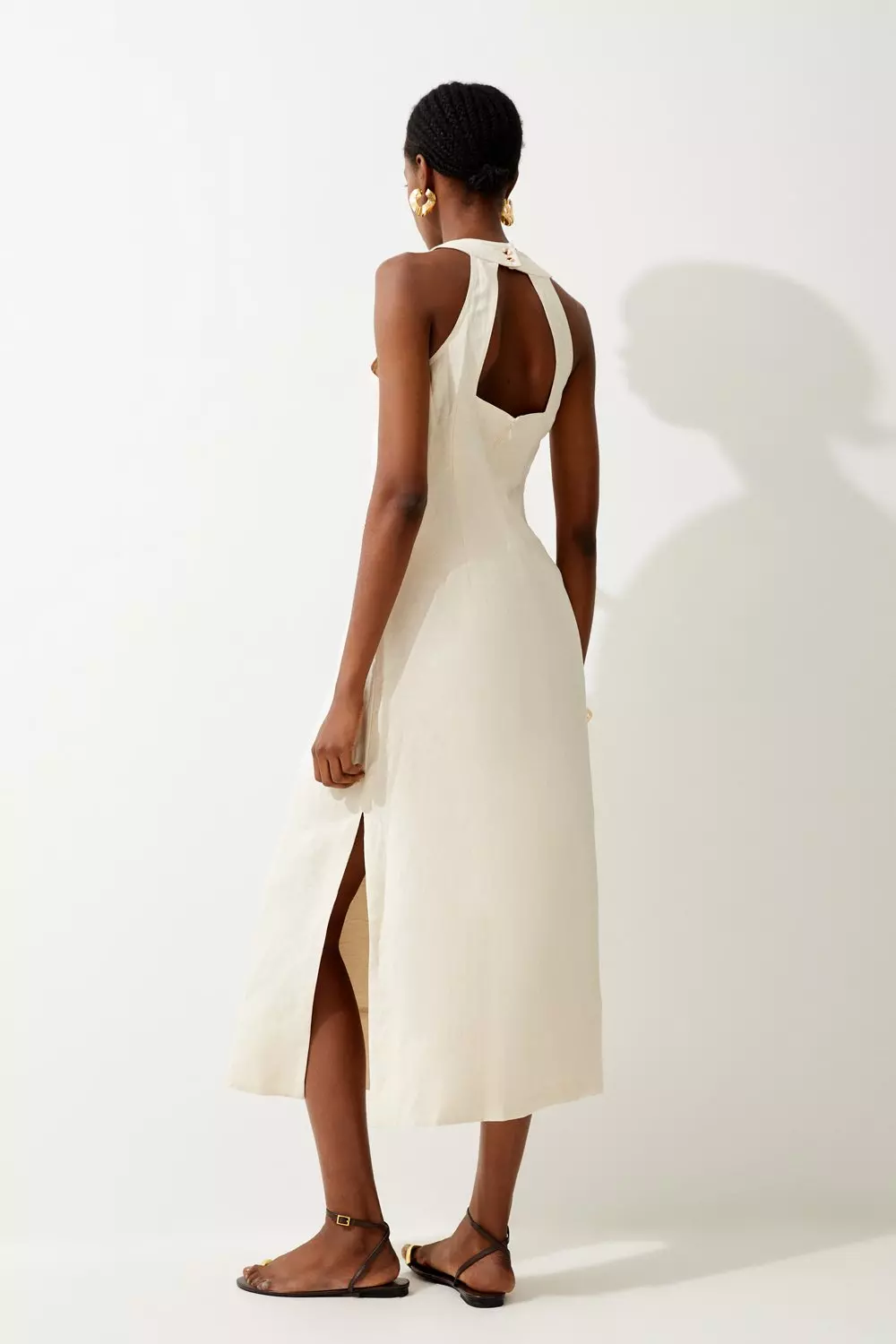 Topstitch Viscose Linen Halter Midi Dress | Karen Millen
