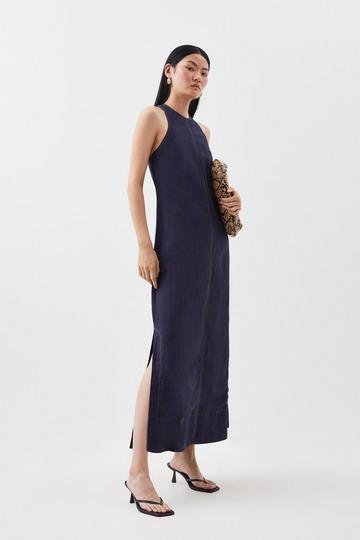 Topstitch Viscose Linen Halter Midi Dress navy