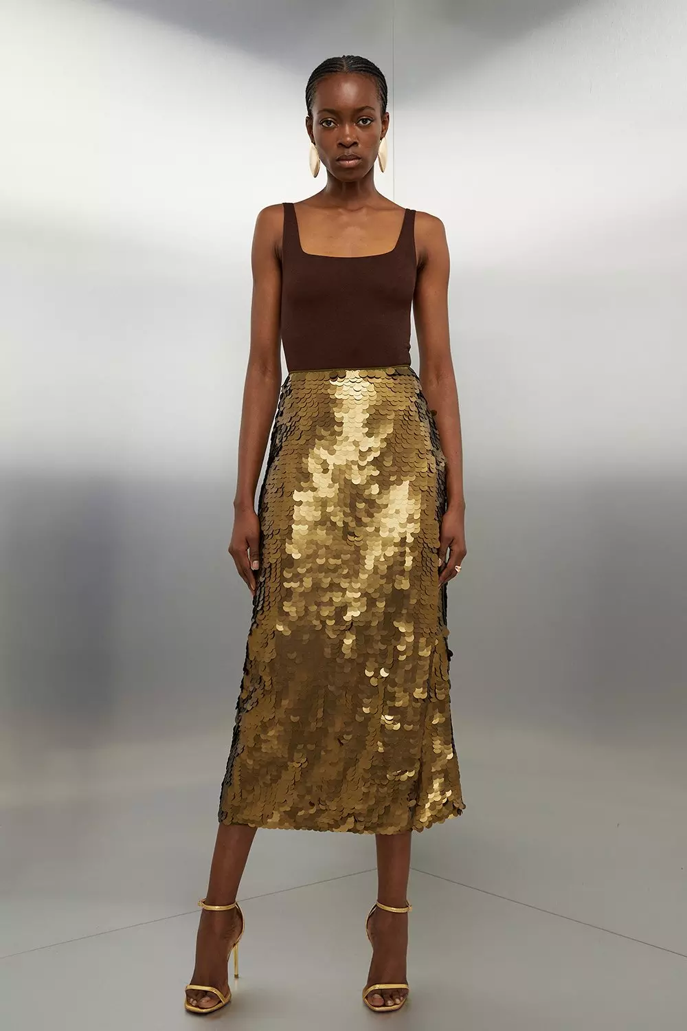 Metallic Gold Sequin Midi Skirt