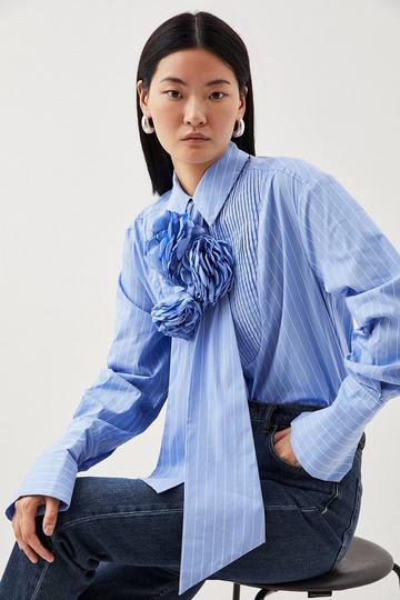 Striped Cotton Woven Shirt With Rosette blue