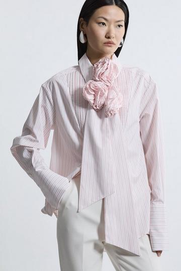 Pink Striped Cotton Woven Shirt With Rosette