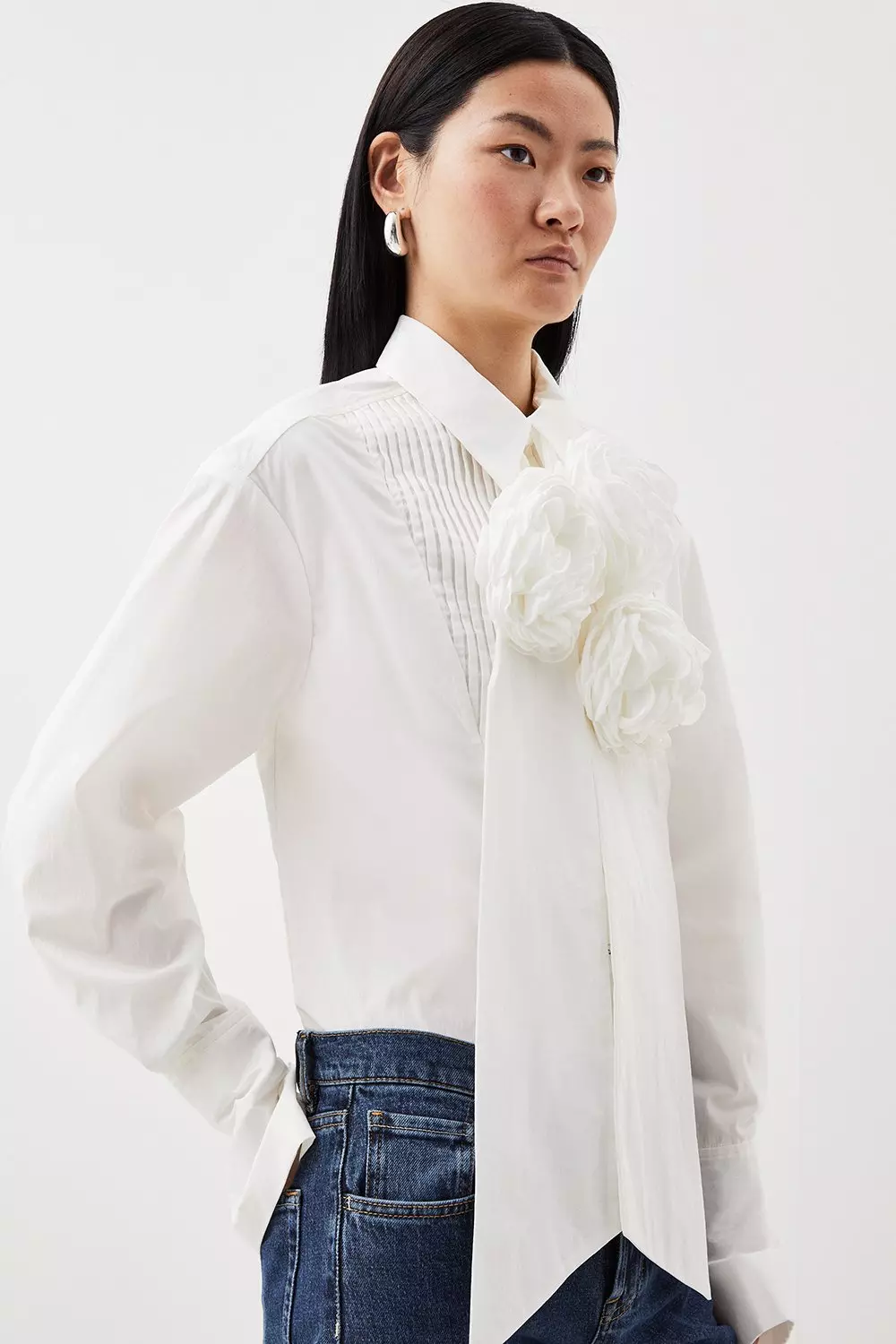 Striped Cotton Woven Shirt With Rosette | Karen Millen
