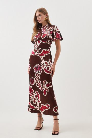 Floral Multi Batik Viscose Satin Angel Sleeve Woven Midi Dress