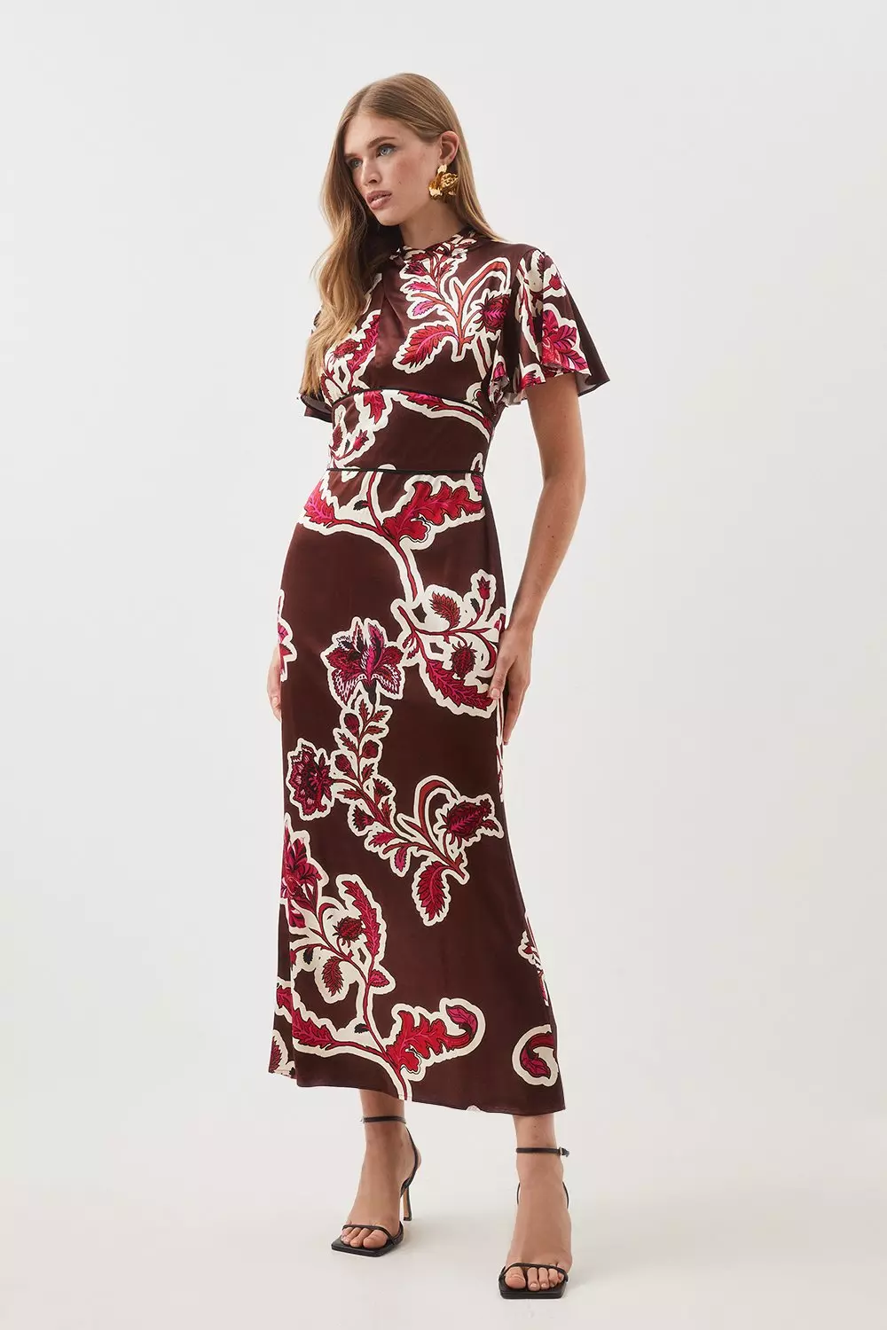 Batik Viscose Satin Angel Sleeve Woven Midi Dress Karen Millen
