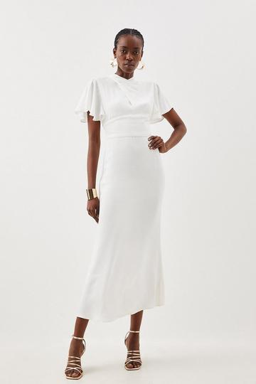 Viscose Satin Angel Sleeve Woven Midi Dress ivory