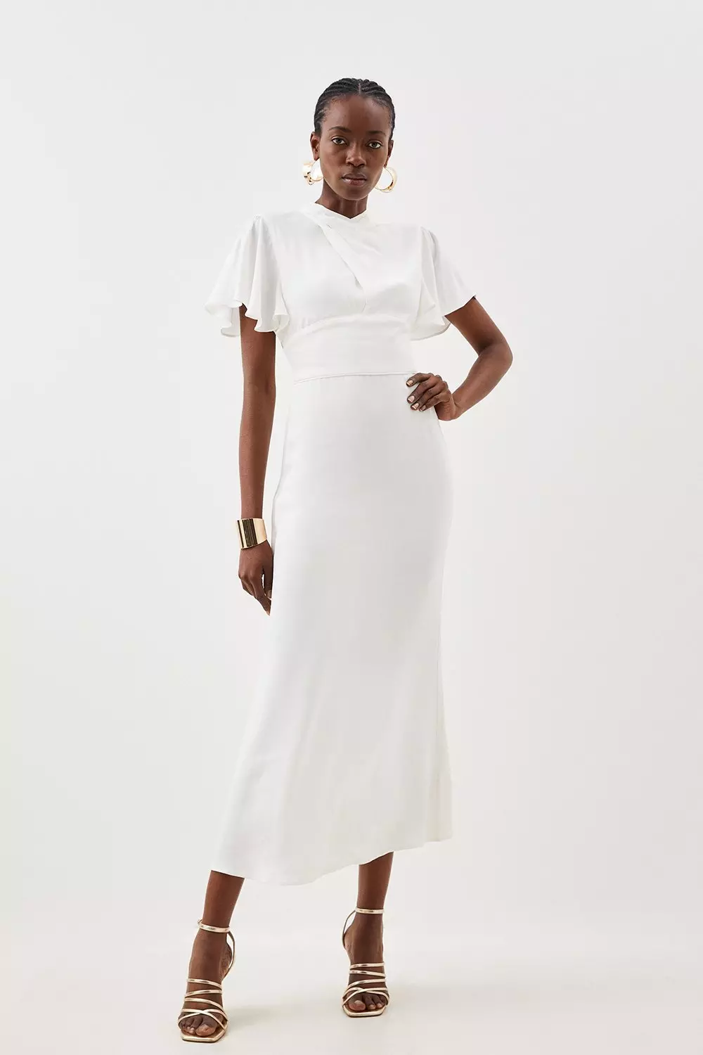 Viscose Satin Angel Sleeve Woven Midi Dress Karen Millen