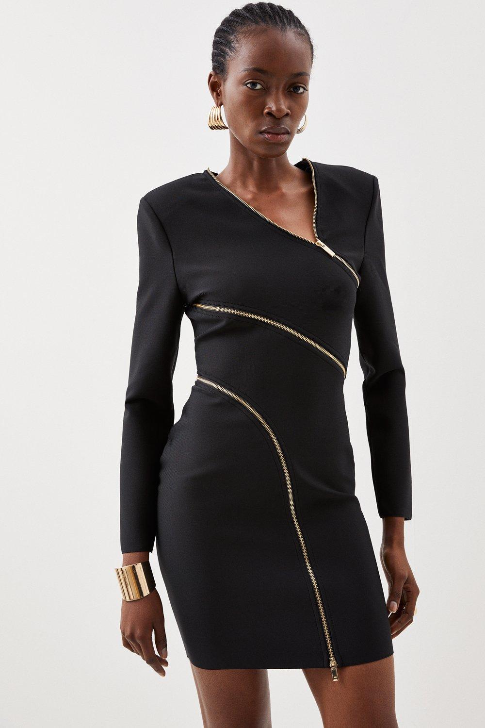 Figure Form Bandage Knit Zip Detail Power Shoulder Mini Dress | Karen Millen