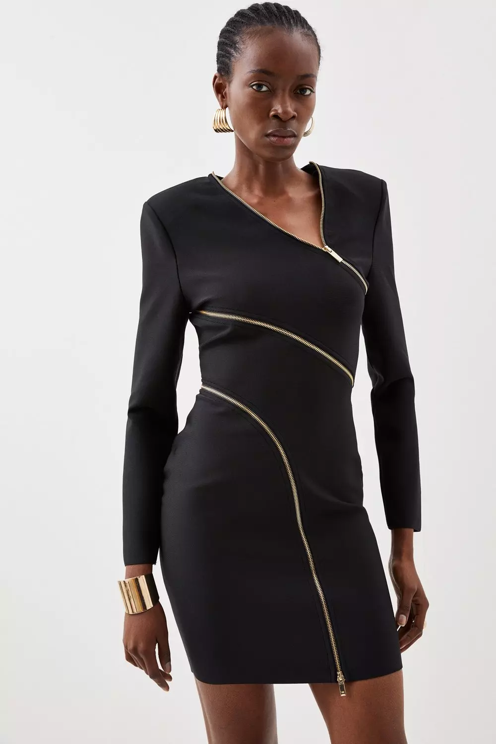 Figure Form Bandage Knit Zip Detail Power Shoulder Mini