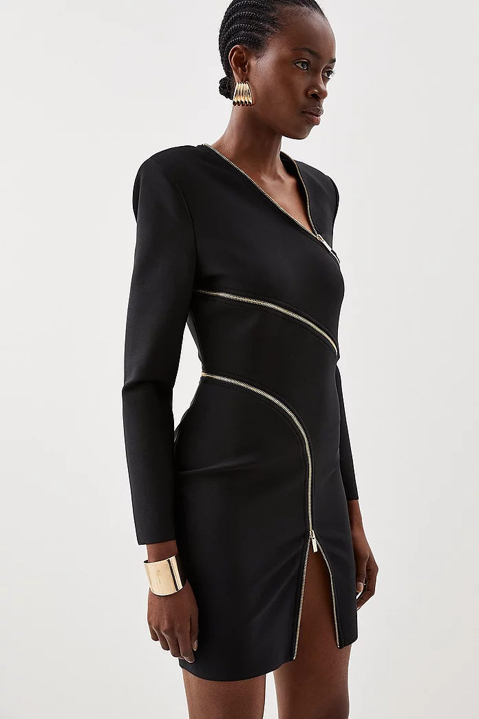 Figure Form Bandage Knit Zip Detail Power Shoulder Mini Figure Form Bandage Knit Zip Detail Power Shoulder Mini