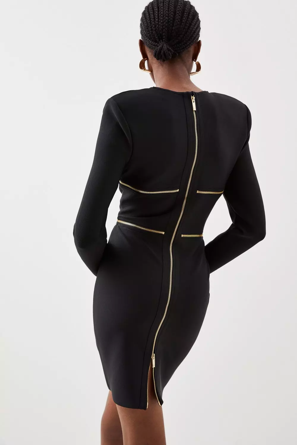 Figure Form Bandage Knit Zip Detail Power Shoulder Mini Dress | Karen Millen