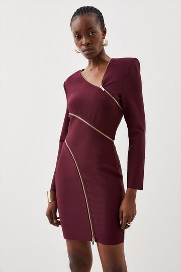 Figure Form Bandage Knit Zip Detail Power Shoulder Mini Dress burgundy