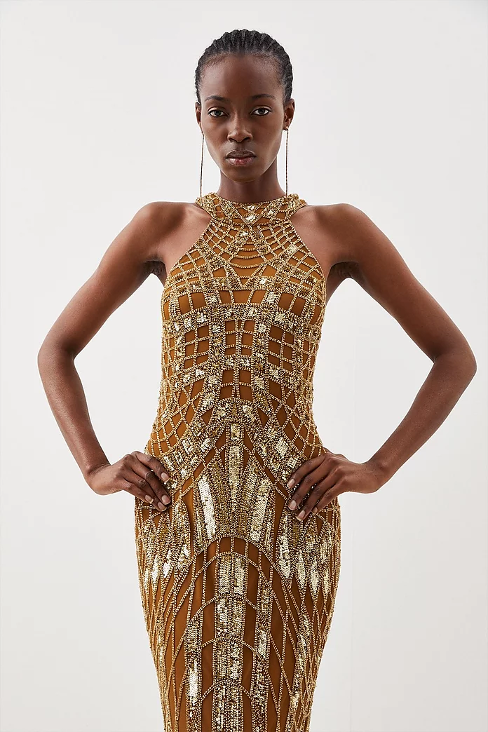 Petite Embellished Geo Halter Woven Maxi Dress | Karen Millen Petite Embellished Geo Halter Woven Maxi Dress | Karen Millen