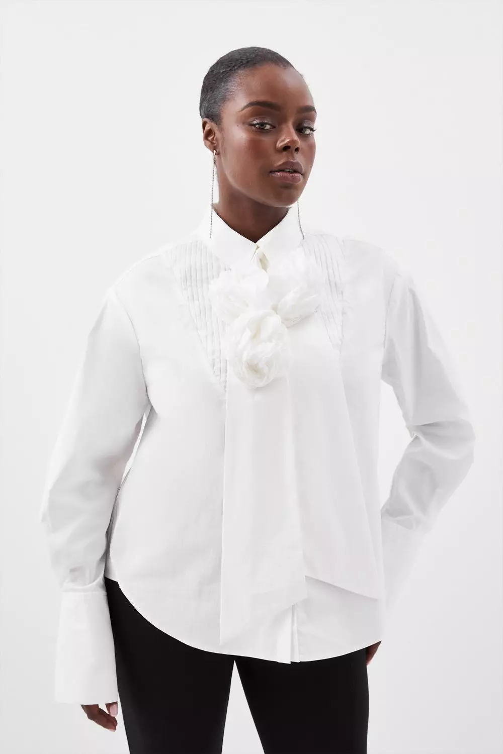 Plus Size Striped Cotton Woven Shirt With Rosette | Karen Millen