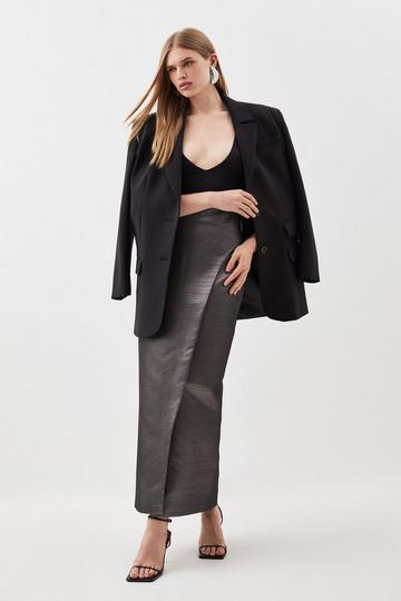 Black Tailored Metallic Wrap Detail Maxi Pencil Skirt