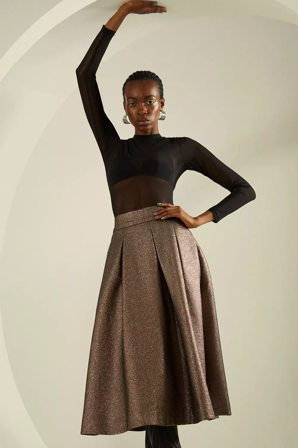 Metallic gold Tailored Metallic Full Midi Skirt  alternative image