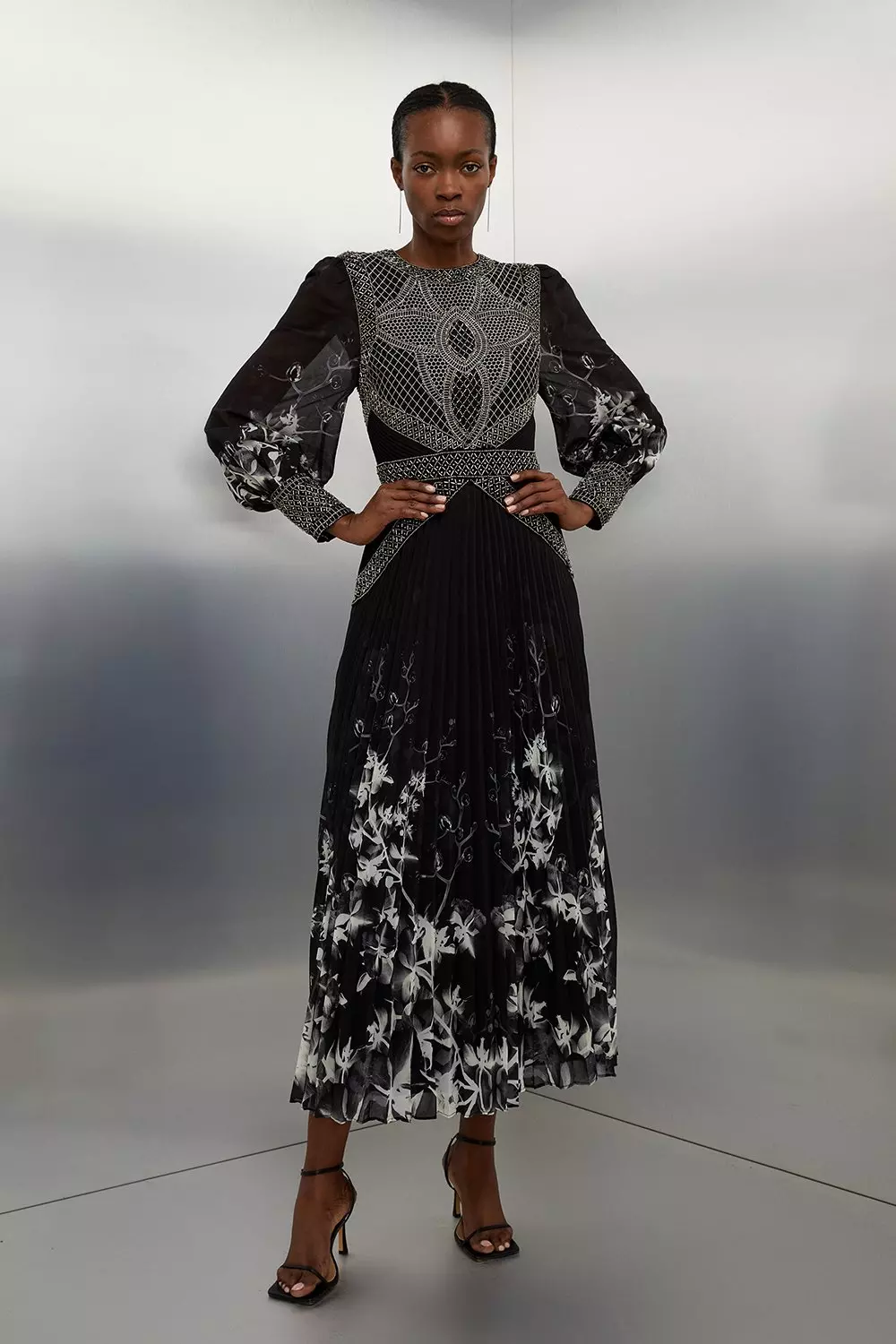 Embellished long sleeve midi dress hot sale