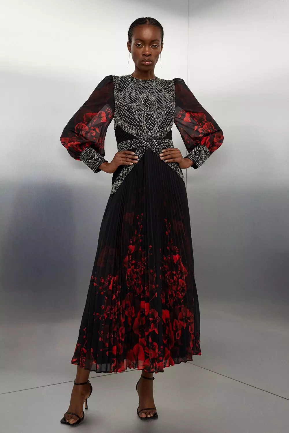 Embellished Long Sleeve Pleated Woven Midi Dress | Karen Millen