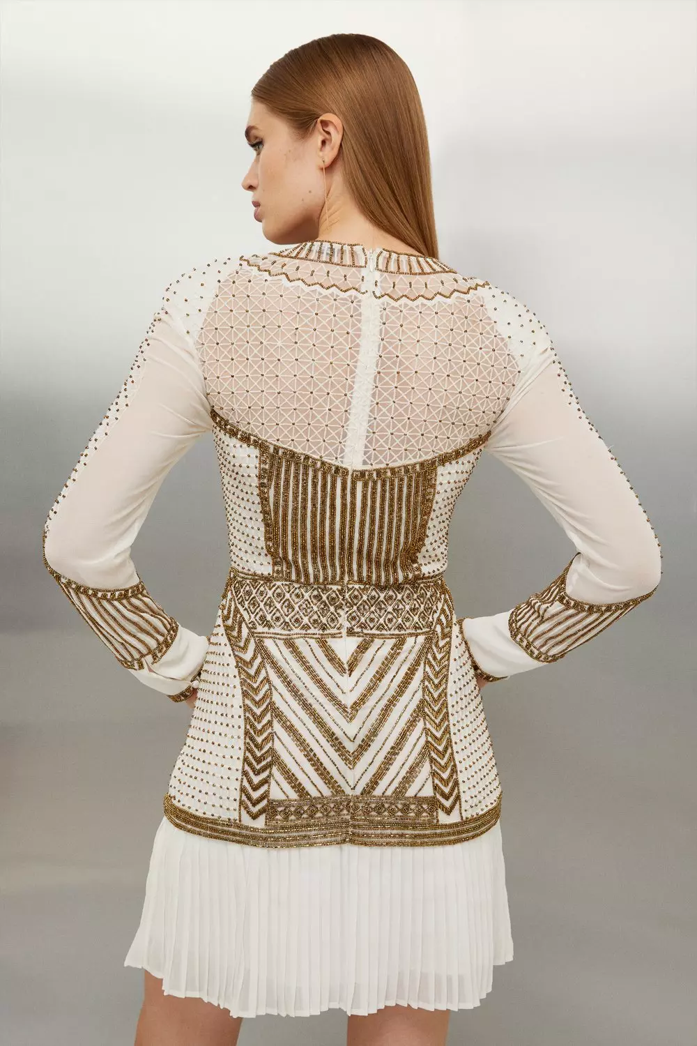 Gold Embellished Pleated Woven Mini Dress | Karen Millen