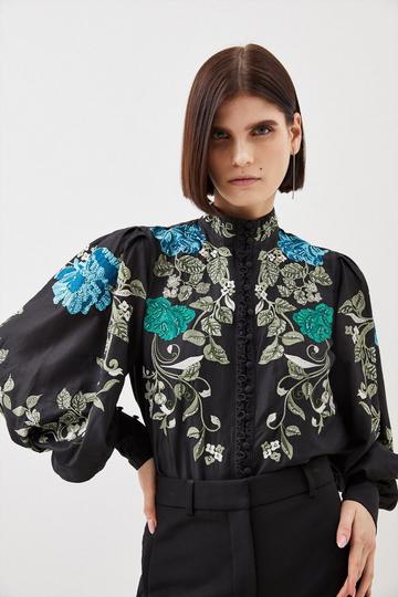 Floral Embroidered and Beaded Button Detail Woven Top floral