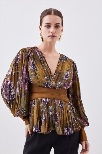 Floral Multi Petite Sketched Botanical Pleated Woven Blouse