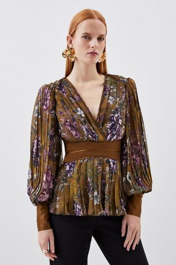 Floral Multi Sketched Botanical Pleated Woven Blouse