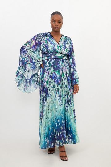 Blue Plus Size Floral Drama Kimono Woven Maxi Dress