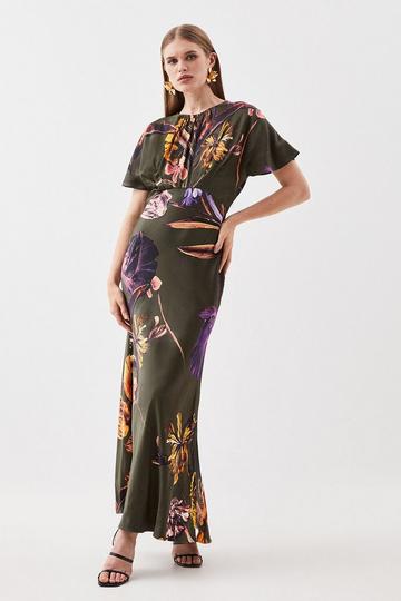 Multi Floral Satin Woven Crepe Maxi Dress