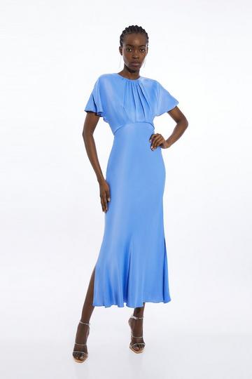 Blue Satin Woven Crepe Maxi Dress