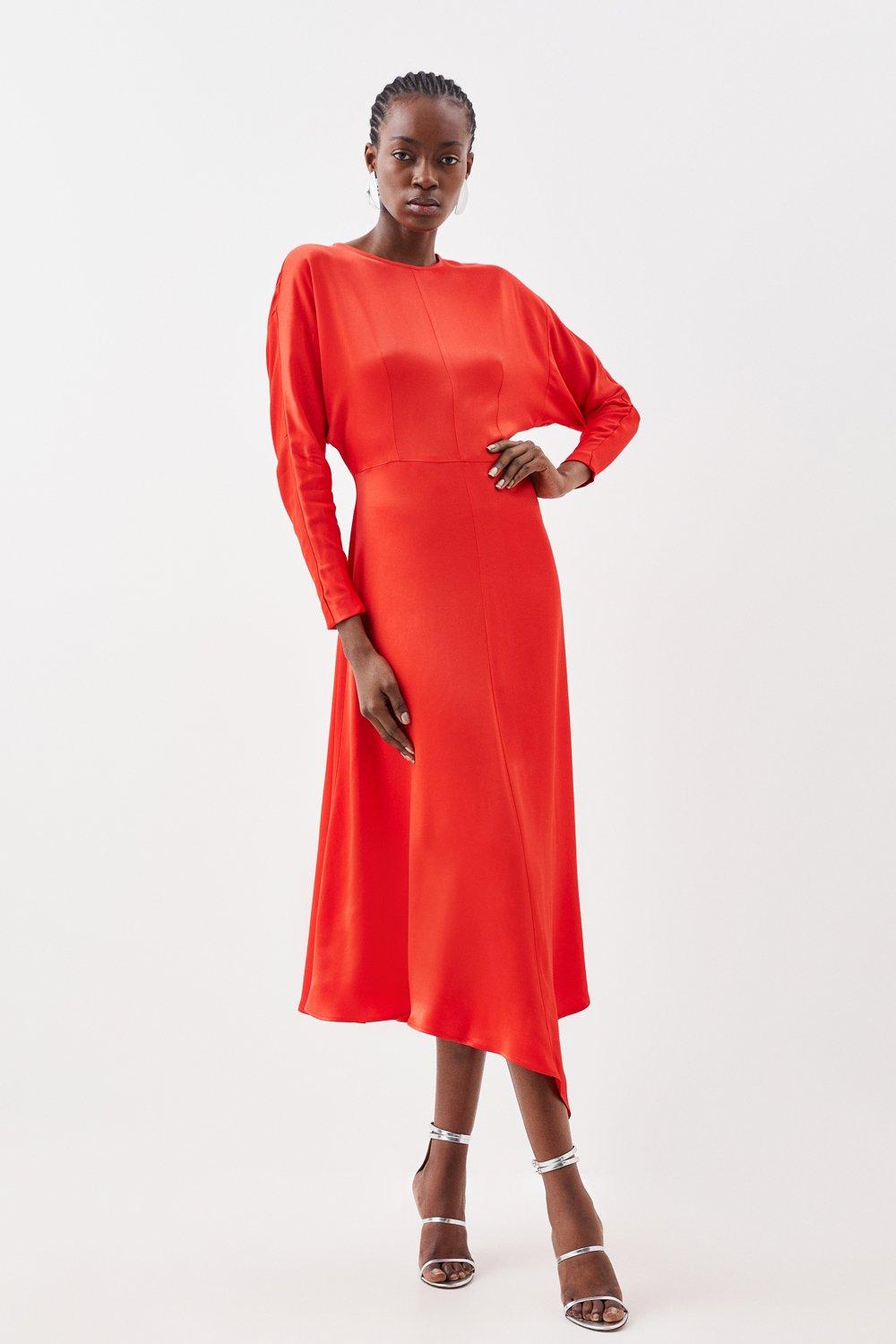 Petite Satin Woven Crepe Long Sleeve Midi Dress | Karen Millen