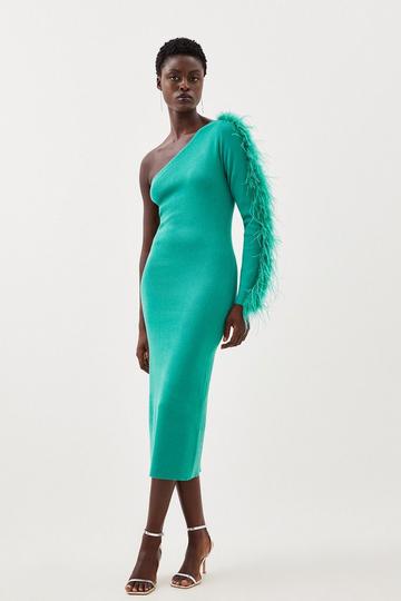 Green Viscose Blend One Shoulder Feather Detail Knit Midi Dress