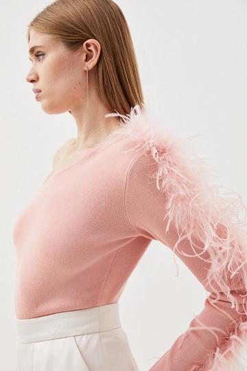 Viscose Blend One Shoulder Feather Detail Knit Top peach