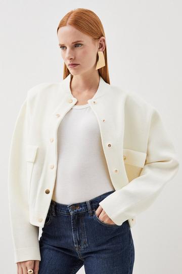 Compact Wool Blend Bomber Knit Jacket cream