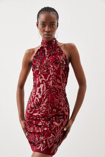 Red Velvet Sequinned Halter Woven Mini Dress