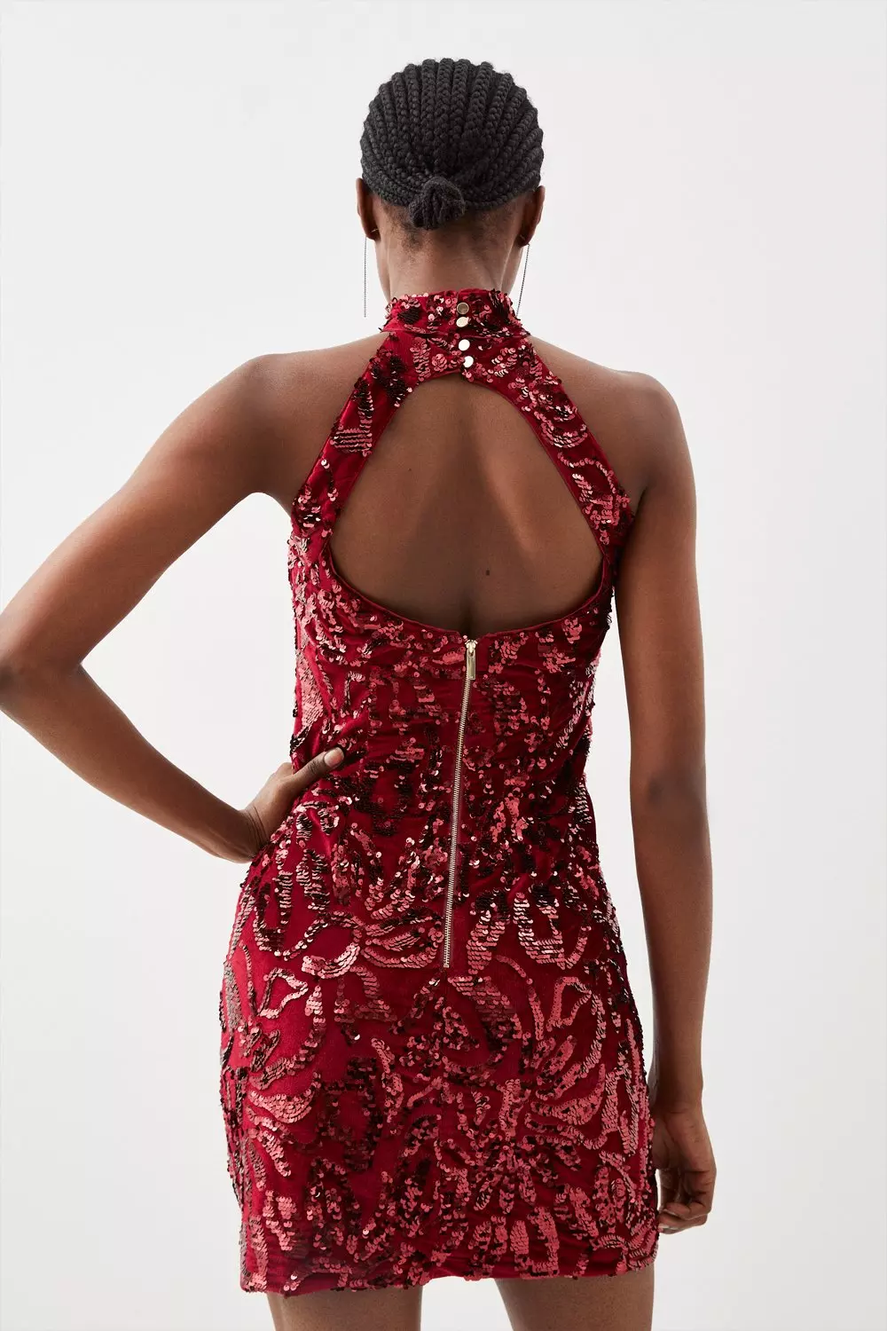 【Karen Millen】 鮮やかツイストディテール ウーブンミニドレス Velvet Sequinned Halter Woven Mini Dress | Karen Millen